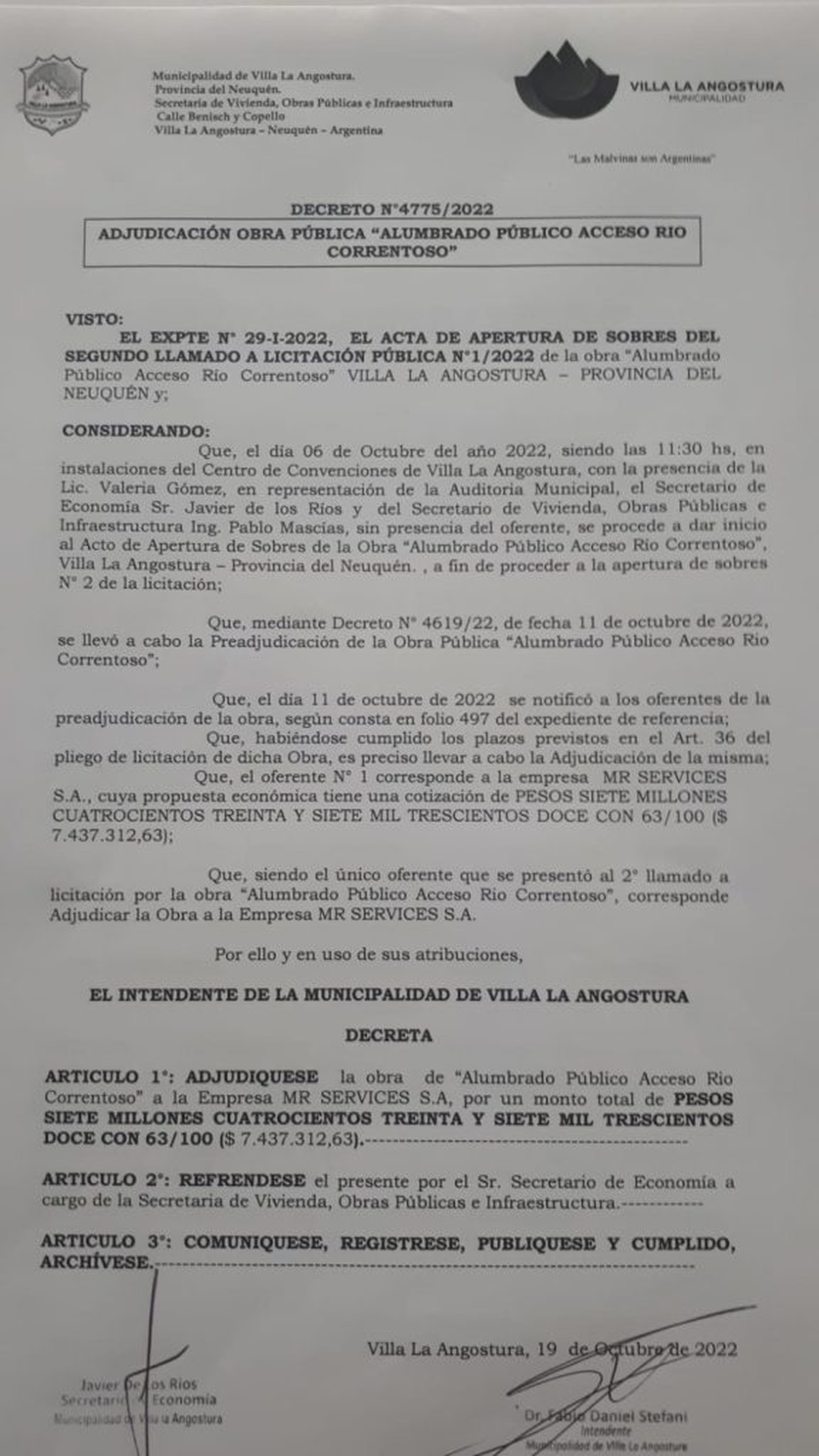 Detalle de la adjudicación de la obra de Alumbrado
